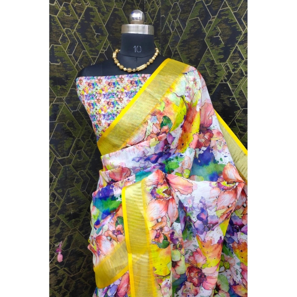 Amfyn Women's Cotton Linen Printed Saree With Unstitched Blouse 5.5Mtr (Yellow)