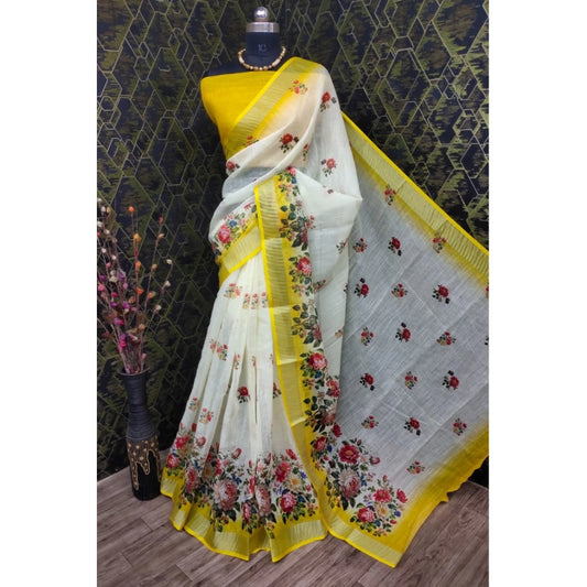 Amfyn Women's Cotton Linen Woven Design Saree With Unstitched Blouse 5.5Mtr (Yellow)