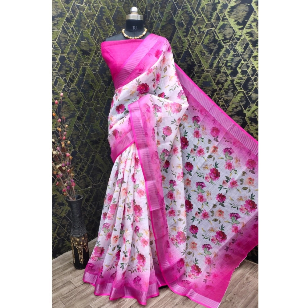 Amfyn Women's Cotton Linen Woven Design Saree With Unstitched Blouse 5.5Mtr (Pink)