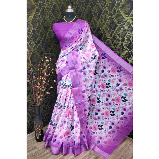 Amfyn Women's Cotton Linen Woven Design Saree With Unstitched Blouse 5.5Mtr (Purple)