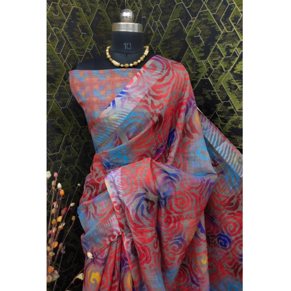 Amfyn Women's Cotton Linen Woven Design Saree With Unstitched Blouse 5.5Mtr (Red)