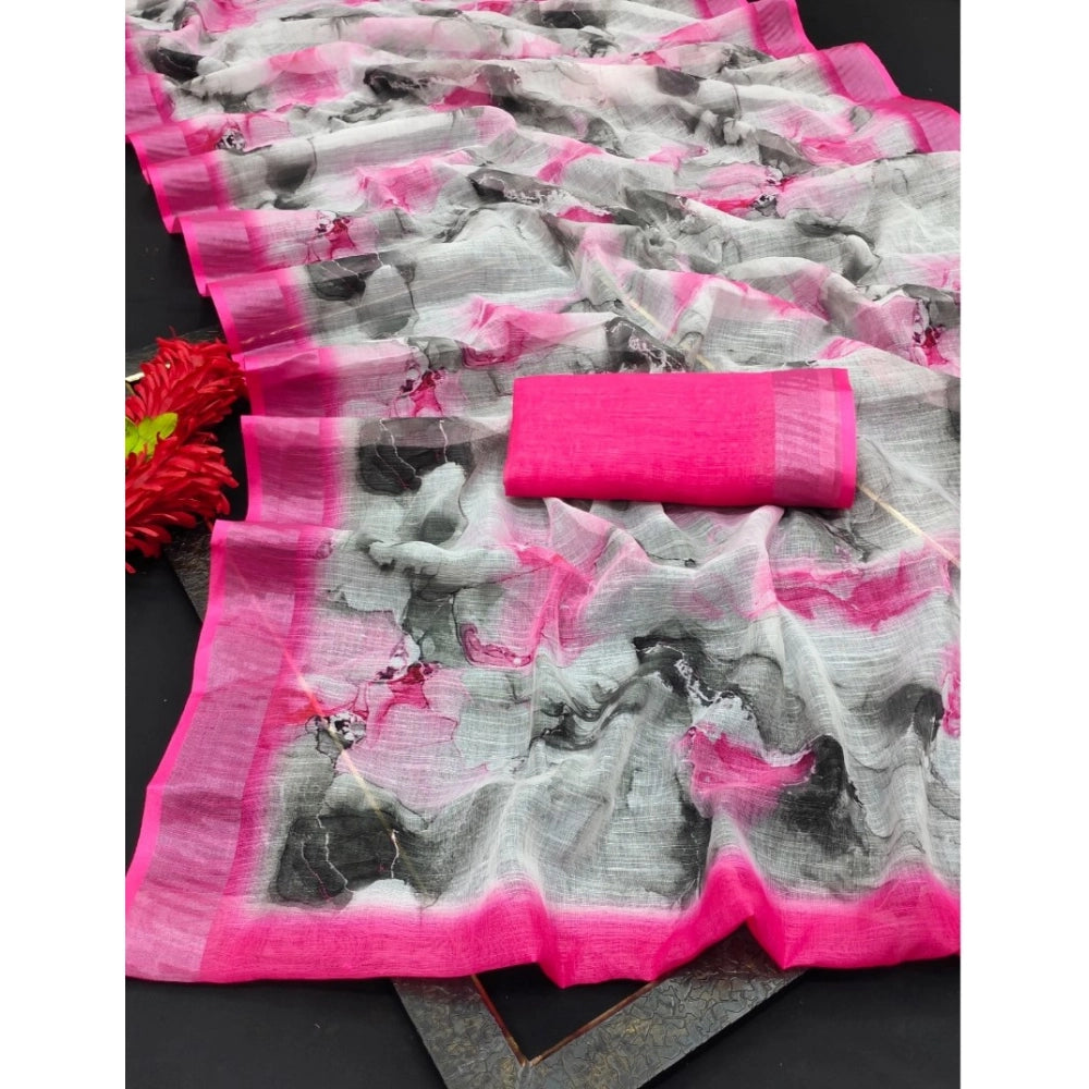 Amfyn Women's Cotton Linen Woven Design Saree With Unstitched Blouse 5.5Mtr (Pink)