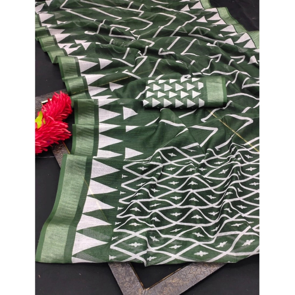 Amfyn Women's Cotton Linen Woven Design Saree With Unstitched Blouse 5.5Mtr (Green)
