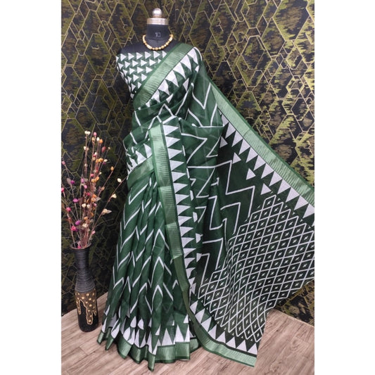 Amfyn Women's Cotton Linen Woven Design Saree With Unstitched Blouse 5.5Mtr (Green)