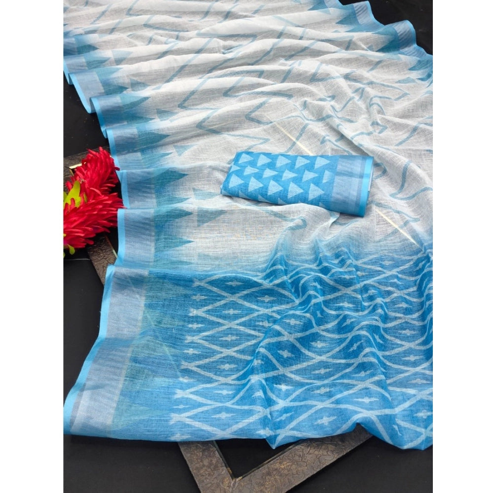 Amfyn Women's Cotton Linen Woven Design Saree With Unstitched Blouse 5.5Mtr (Sky Blue)