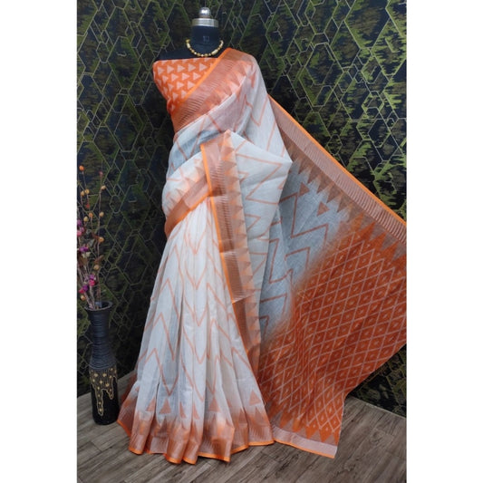 Amfyn Women's Cotton Linen Woven Design Saree With Unstitched Blouse 5.5Mtr (Orange)