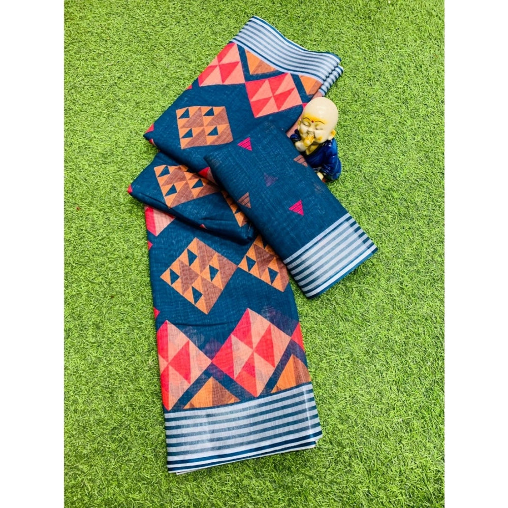 Amfyn Women's Cotton Linen Digital Print Saree With Unstitched Blouse 5.5Mtr (Blue)