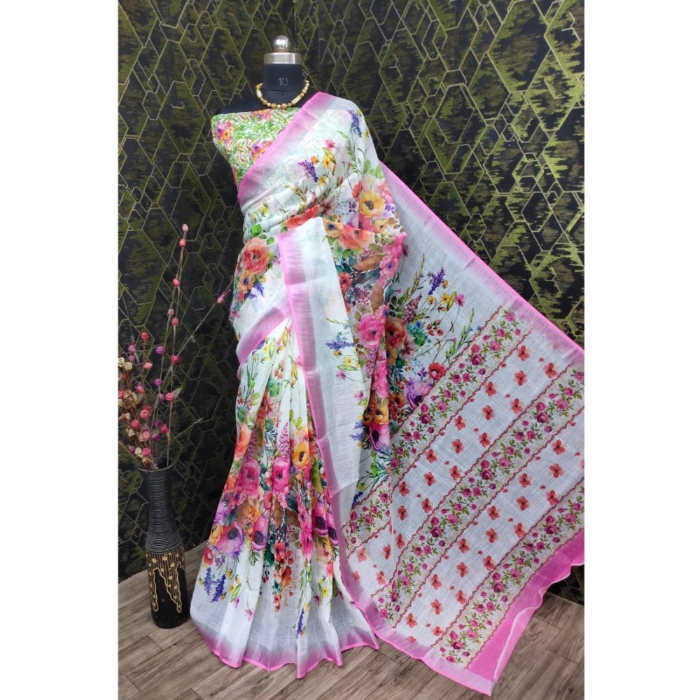 Amfyn Women's Cotton Linen Printed Saree With Unstitched Blouse 5.5Mtr (Pink)