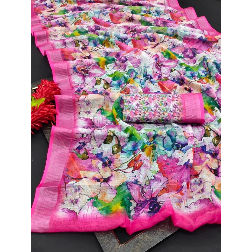 Amfyn Women's Cotton Linen Printed Saree With Unstitched Blouse 5.5Mtr (Pink)