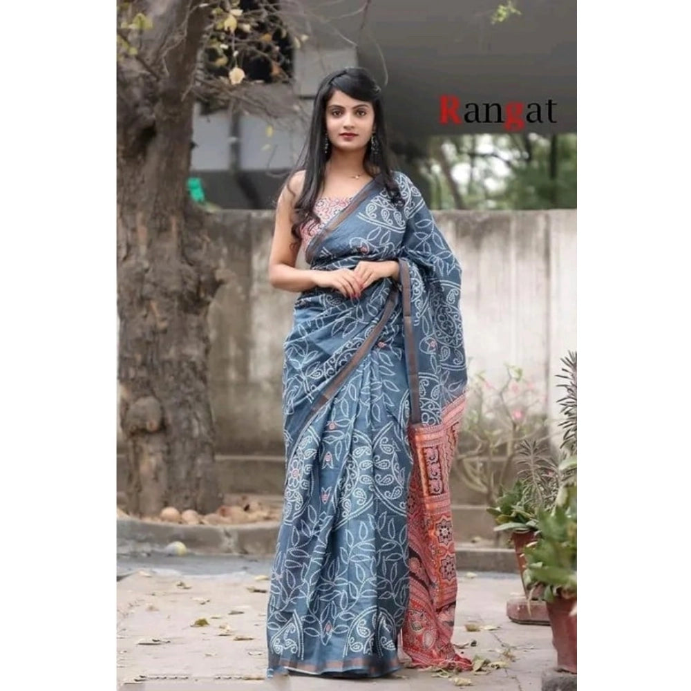 Amfyn Women's Cotton Linen Printed Saree With Unstitched Blouse 5.5Mtr (Grey)