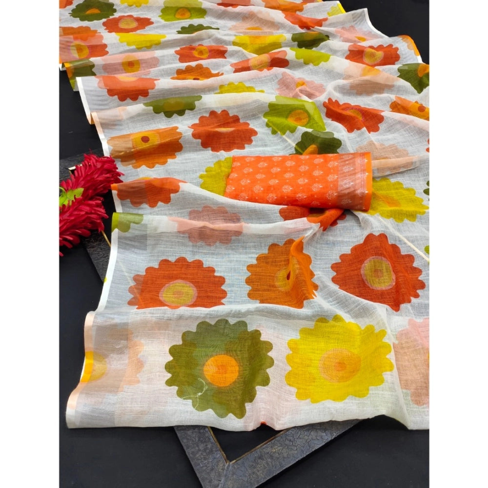 Amfyn Women's Cotton Linen Woven Design Saree With Unstitched Blouse 5.5Mtr (Orange)