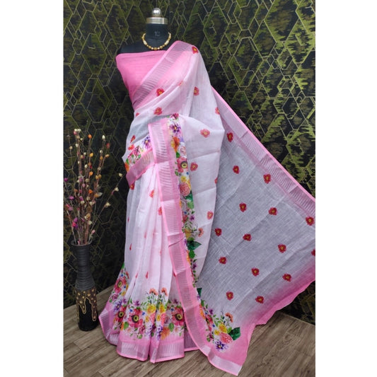 Amfyn Women's Cotton Linen Woven Design Saree With Unstitched Blouse 5.5Mtr (Pink)