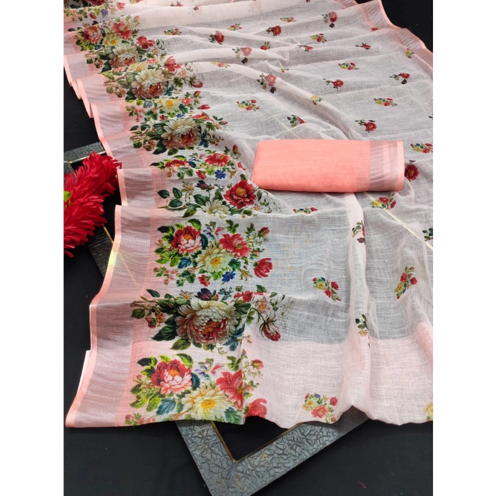 Amfyn Women's Cotton Linen Woven Design Saree With Unstitched Blouse 5.5Mtr (Peach)