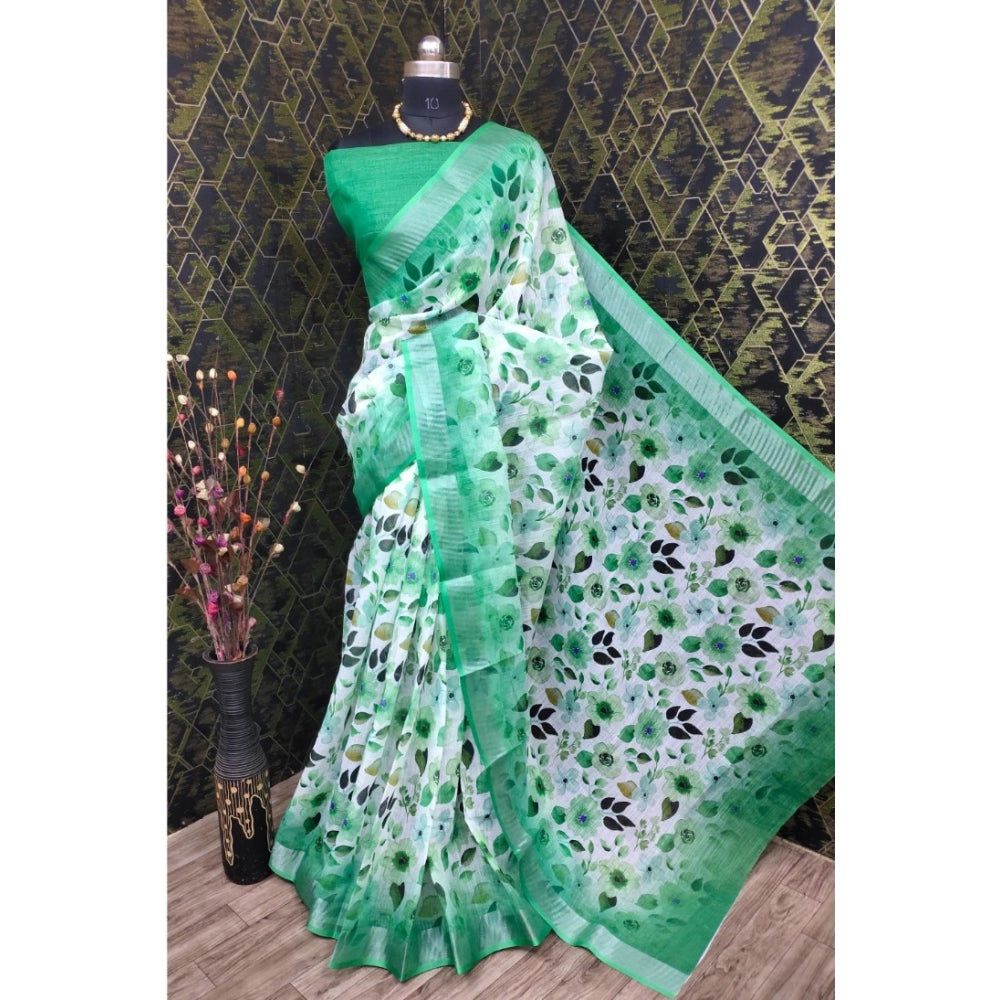 Amfyn Women's Cotton Linen Woven Design Saree With Unstitched Blouse 5.5Mtr (Green)
