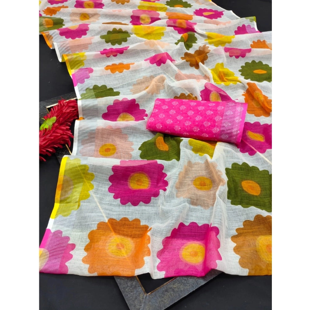 Amfyn Women's Cotton Linen Woven Design Saree With Unstitched Blouse 5.5Mtr (Pink)