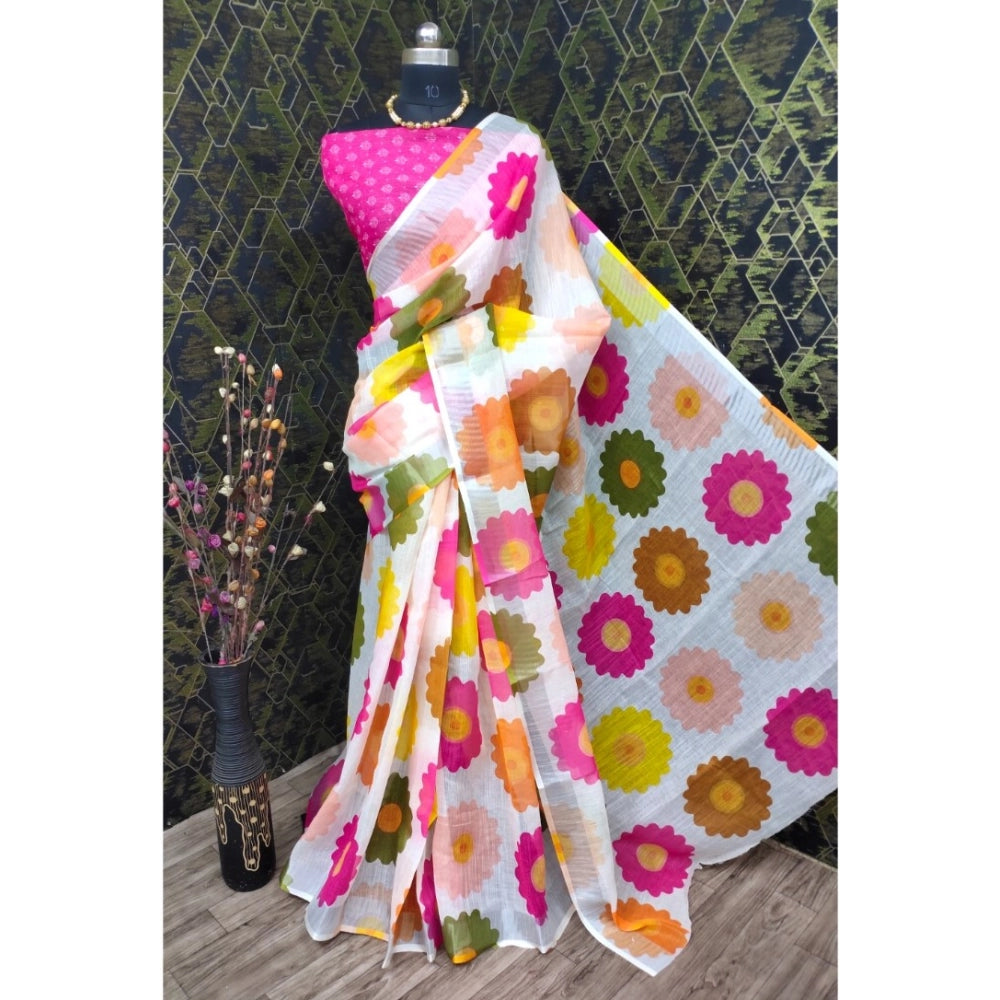 Amfyn Women's Cotton Linen Woven Design Saree With Unstitched Blouse 5.5Mtr (Pink)