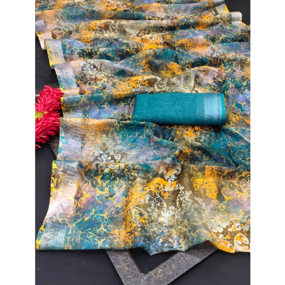 Amfyn Women's Cotton Linen Woven Design Saree With Unstitched Blouse 5.5Mtr (Multicolor)