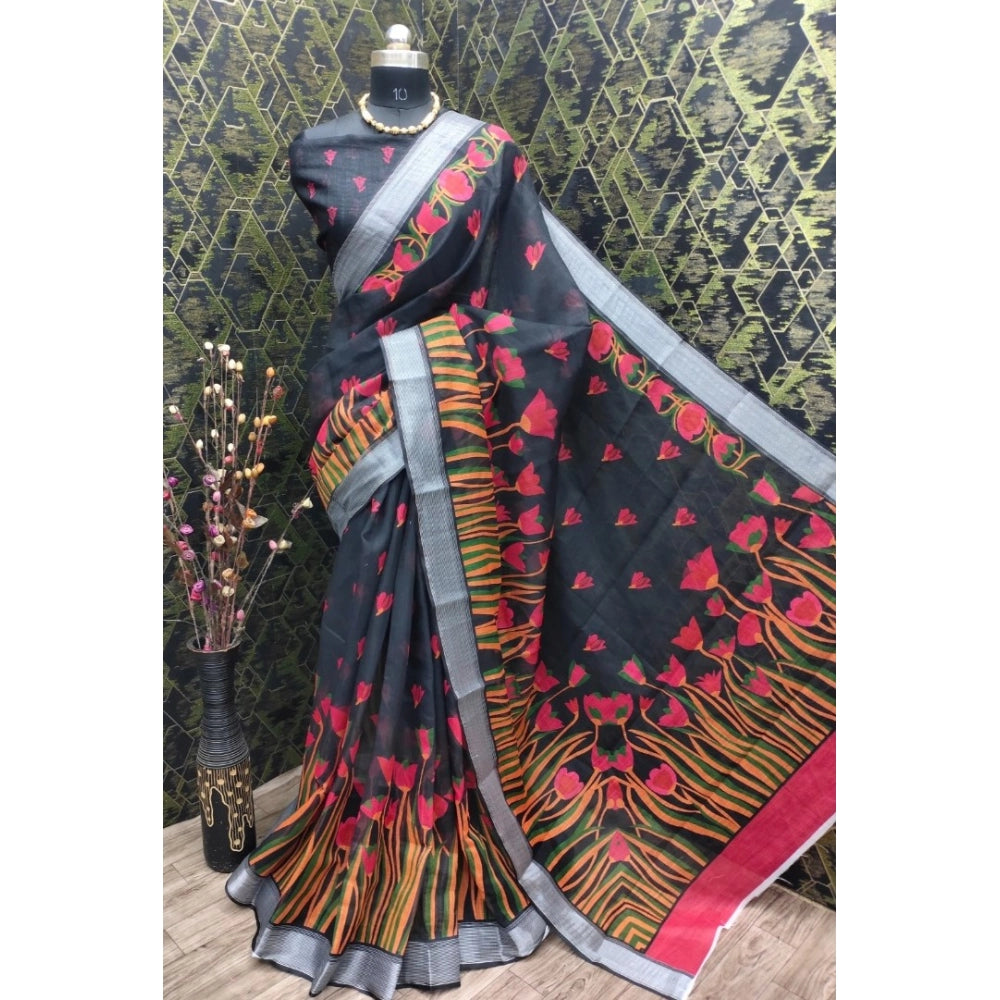 Amfyn Women's Cotton Linen Digital Print Saree With Unstitched Blouse 5.5Mtr (Black)