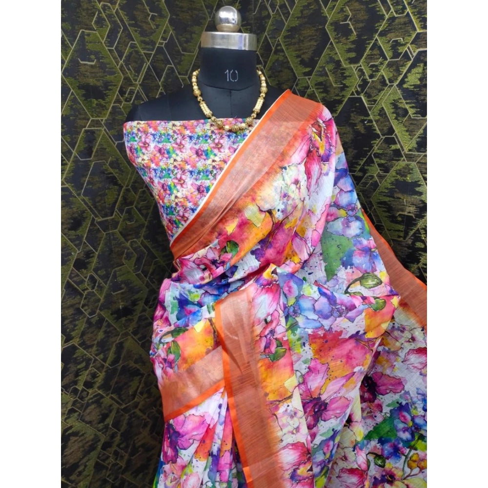 Amfyn Women's Cotton Linen Printed Saree With Unstitched Blouse 5.5Mtr (Orange)