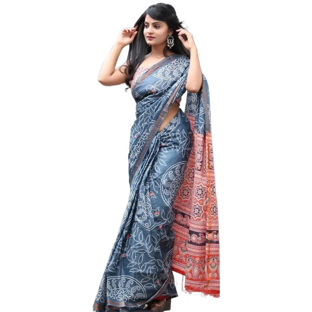 Amfyn Women's Cotton Linen Printed Saree With Unstitched Blouse 5.5Mtr (Grey)
