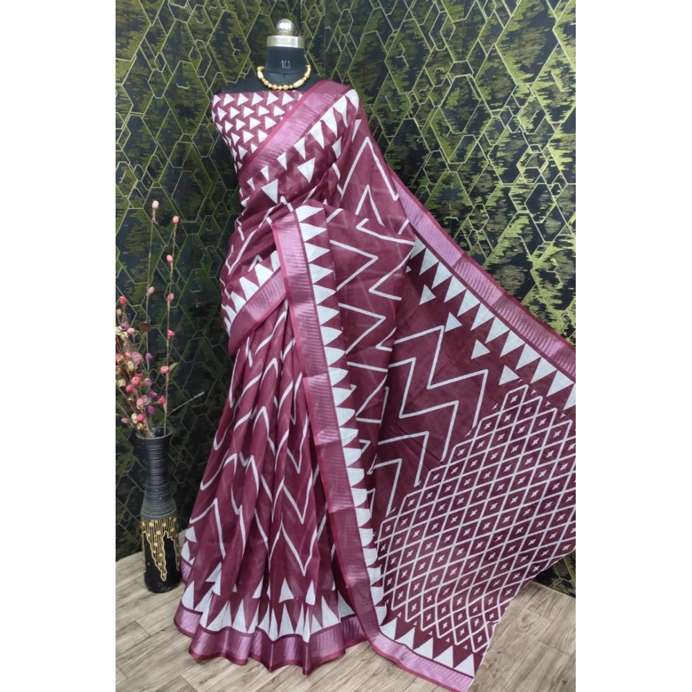 Amfyn Women's Cotton Linen Woven Design Saree With Unstitched Blouse 5.5Mtr (Maroon)