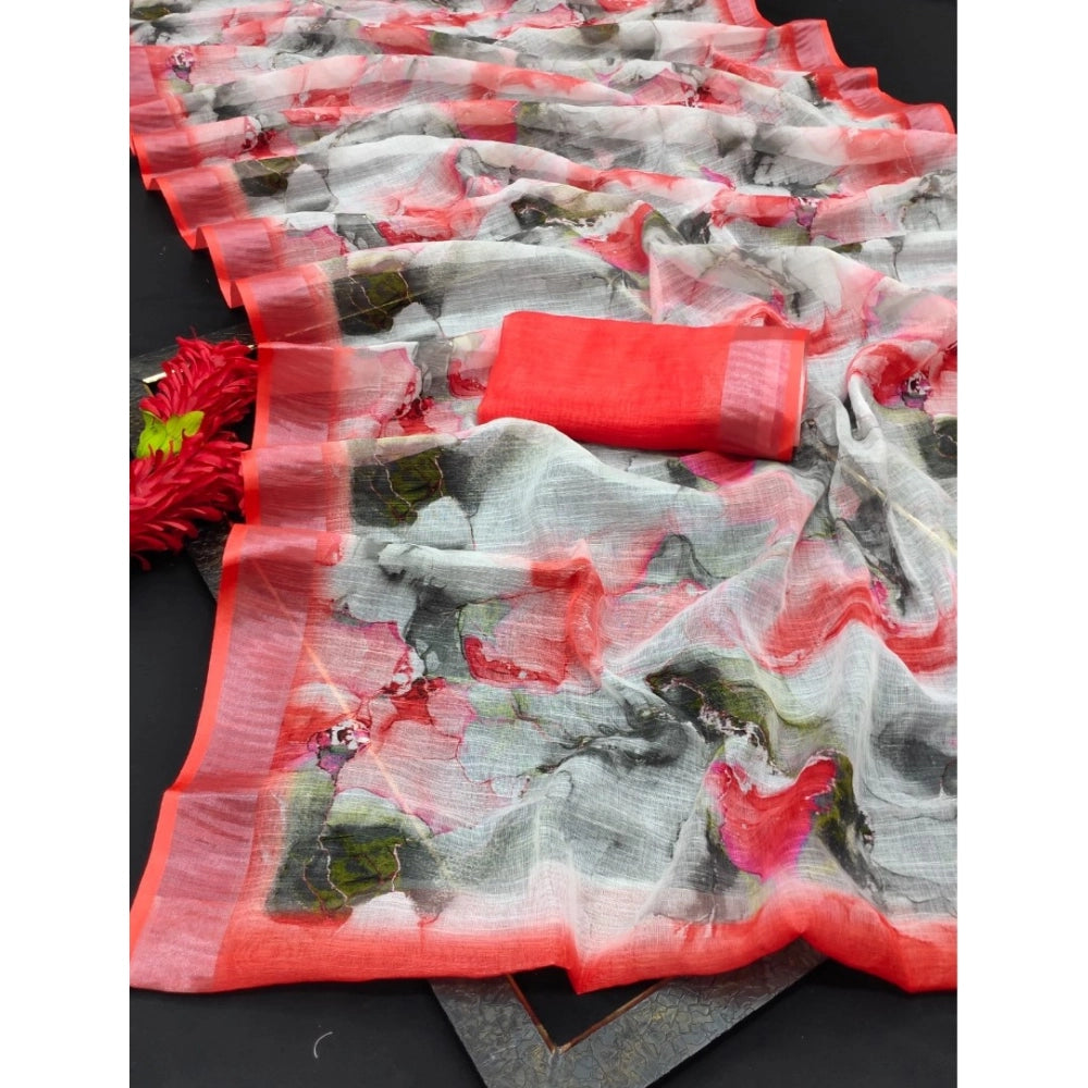 Amfyn Women's Cotton Linen Woven Design Saree With Unstitched Blouse 5.5Mtr (Red)