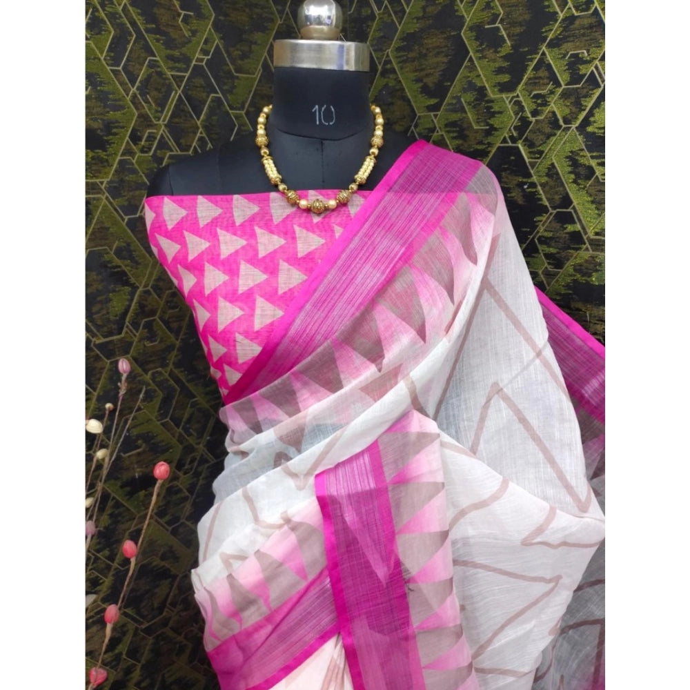Amfyn Women's Cotton Linen Woven Design Saree With Unstitched Blouse 5.5Mtr (Pink)
