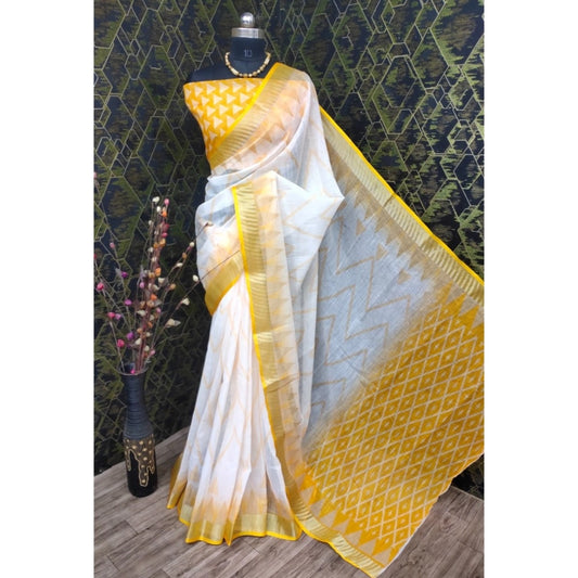 Amfyn Women's Cotton Linen Woven Design Saree With Unstitched Blouse 5.5Mtr (Yellow)