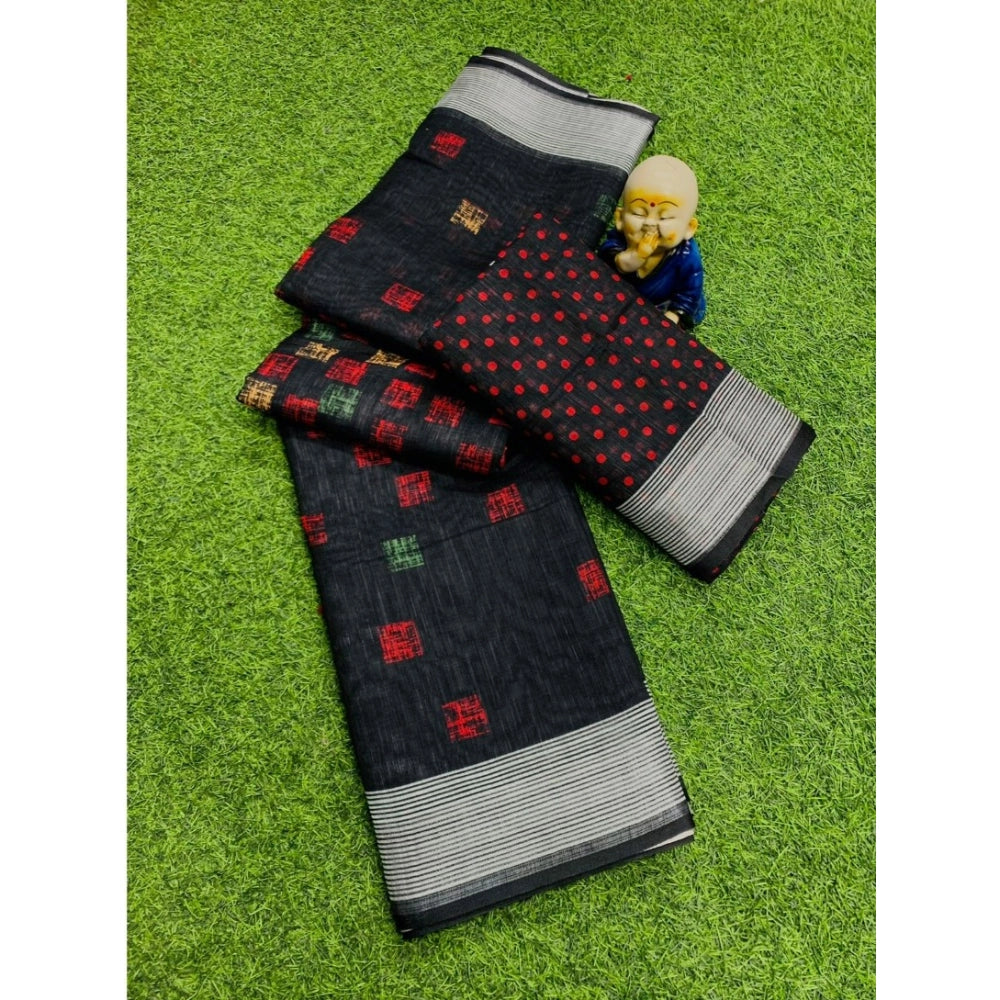 Amfyn Women's Cotton Linen Digital Print Saree With Unstitched Blouse 5.5Mtr (Black)