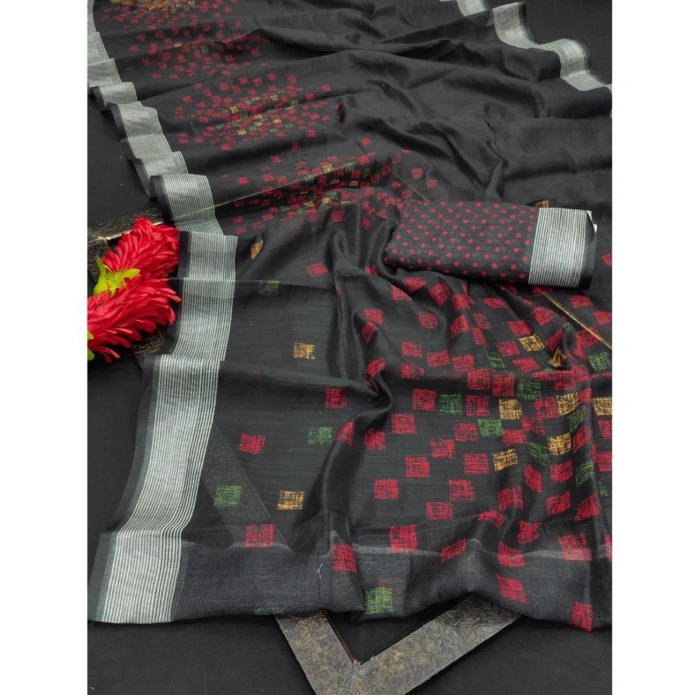 Amfyn Women's Cotton Linen Digital Print Saree With Unstitched Blouse 5.5Mtr (Black)