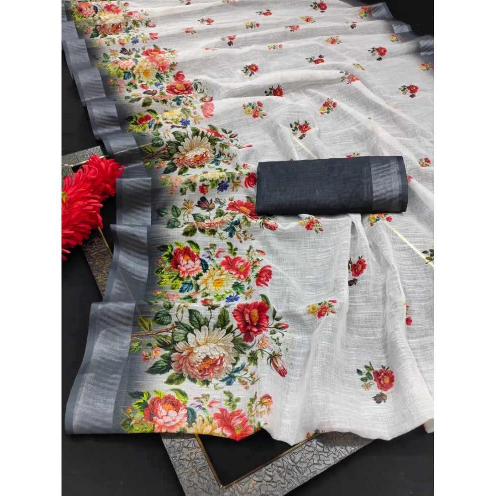 Amfyn Women's Cotton Linen Woven Design Saree With Unstitched Blouse 5.5Mtr (Black)