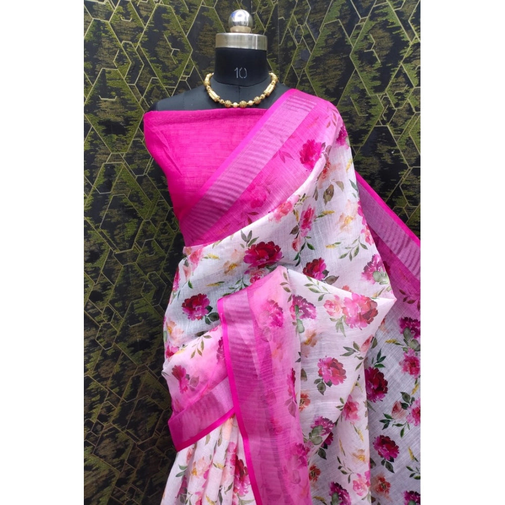 Amfyn Women's Cotton Linen Woven Design Saree With Unstitched Blouse 5.5Mtr (Pink)