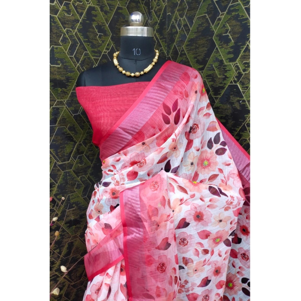 Amfyn Women's Cotton Linen Woven Design Saree With Unstitched Blouse 5.5Mtr (Red)