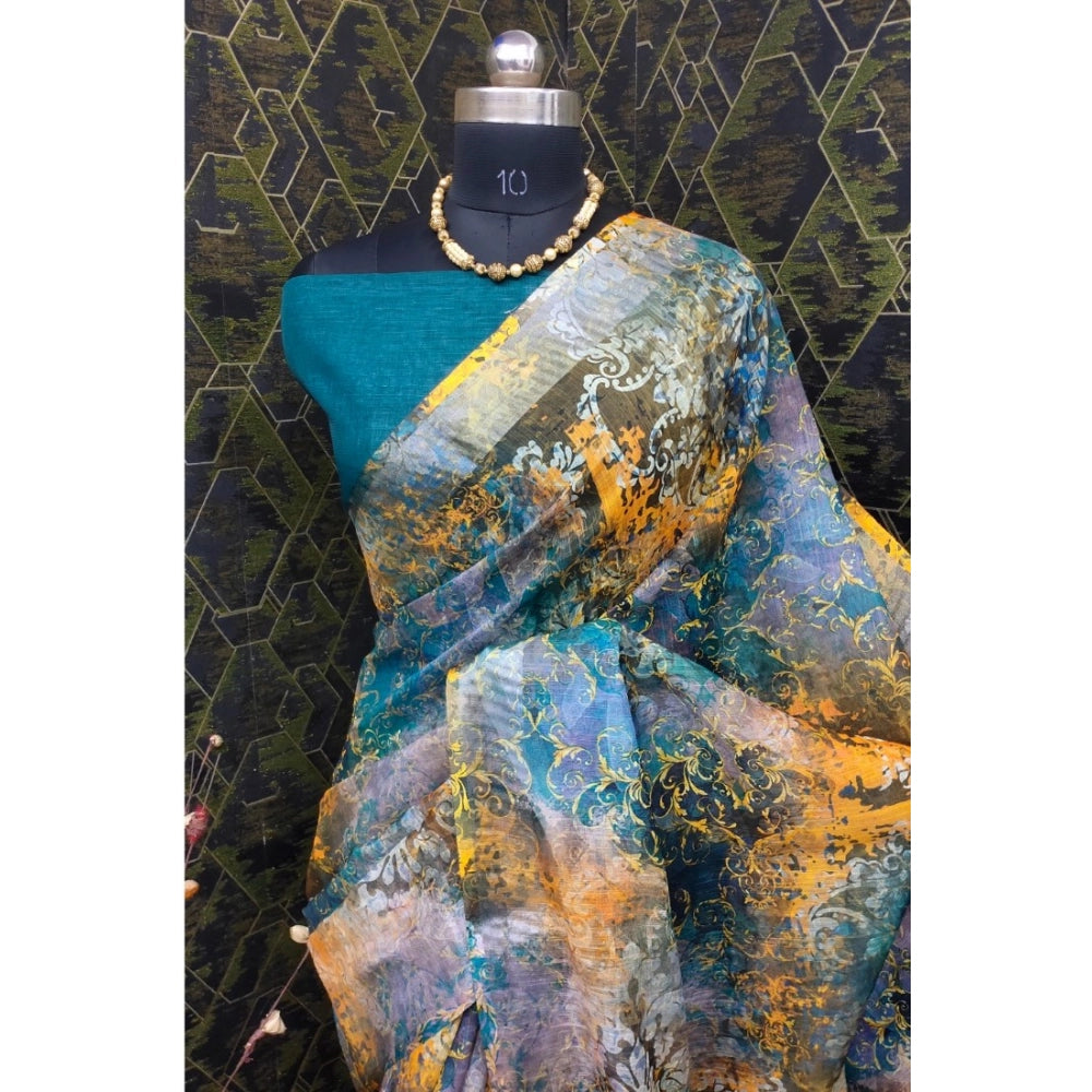 Amfyn Women's Cotton Linen Woven Design Saree With Unstitched Blouse 5.5Mtr (Multicolor)