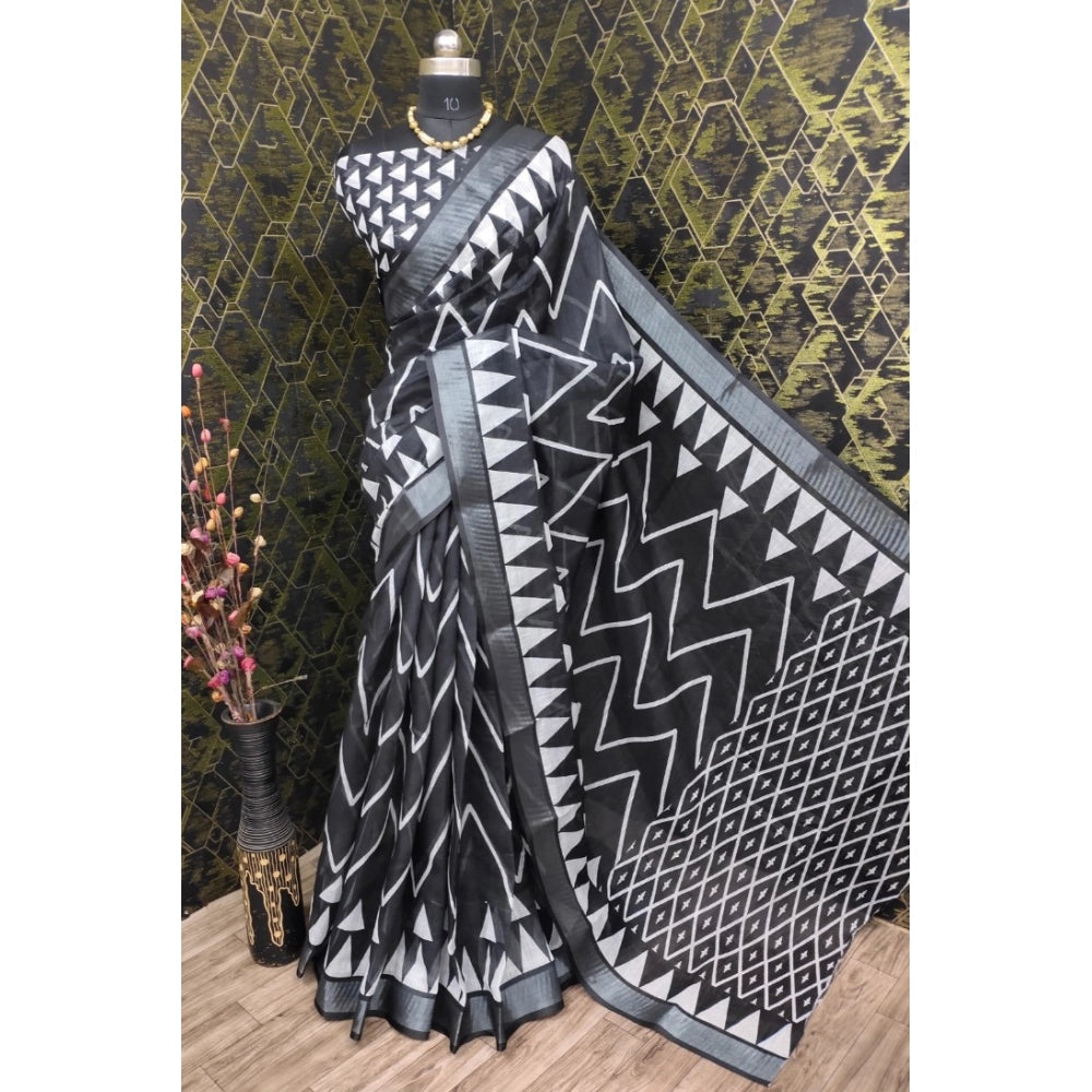 Amfyn Women's Cotton Linen Woven Design Saree With Unstitched Blouse 5.5Mtr (Black)