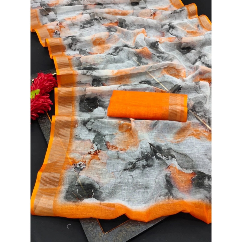 Amfyn Women's Cotton Linen Woven Design Saree With Unstitched Blouse 5.5Mtr (Orange)