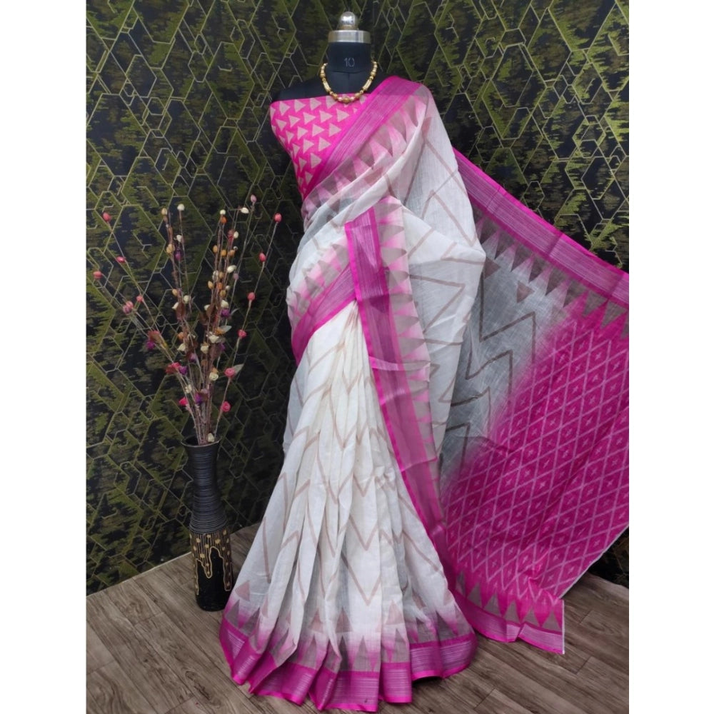 Amfyn Women's Cotton Linen Woven Design Saree With Unstitched Blouse 5.5Mtr (Pink)