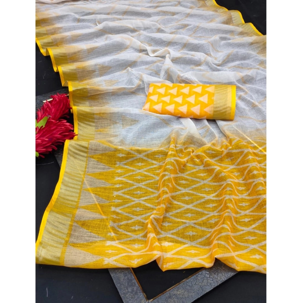 Amfyn Women's Cotton Linen Woven Design Saree With Unstitched Blouse 5.5Mtr (Yellow)