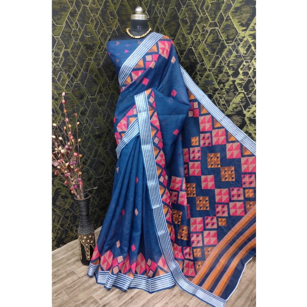 Amfyn Women's Cotton Linen Digital Print Saree With Unstitched Blouse 5.5Mtr (Blue)