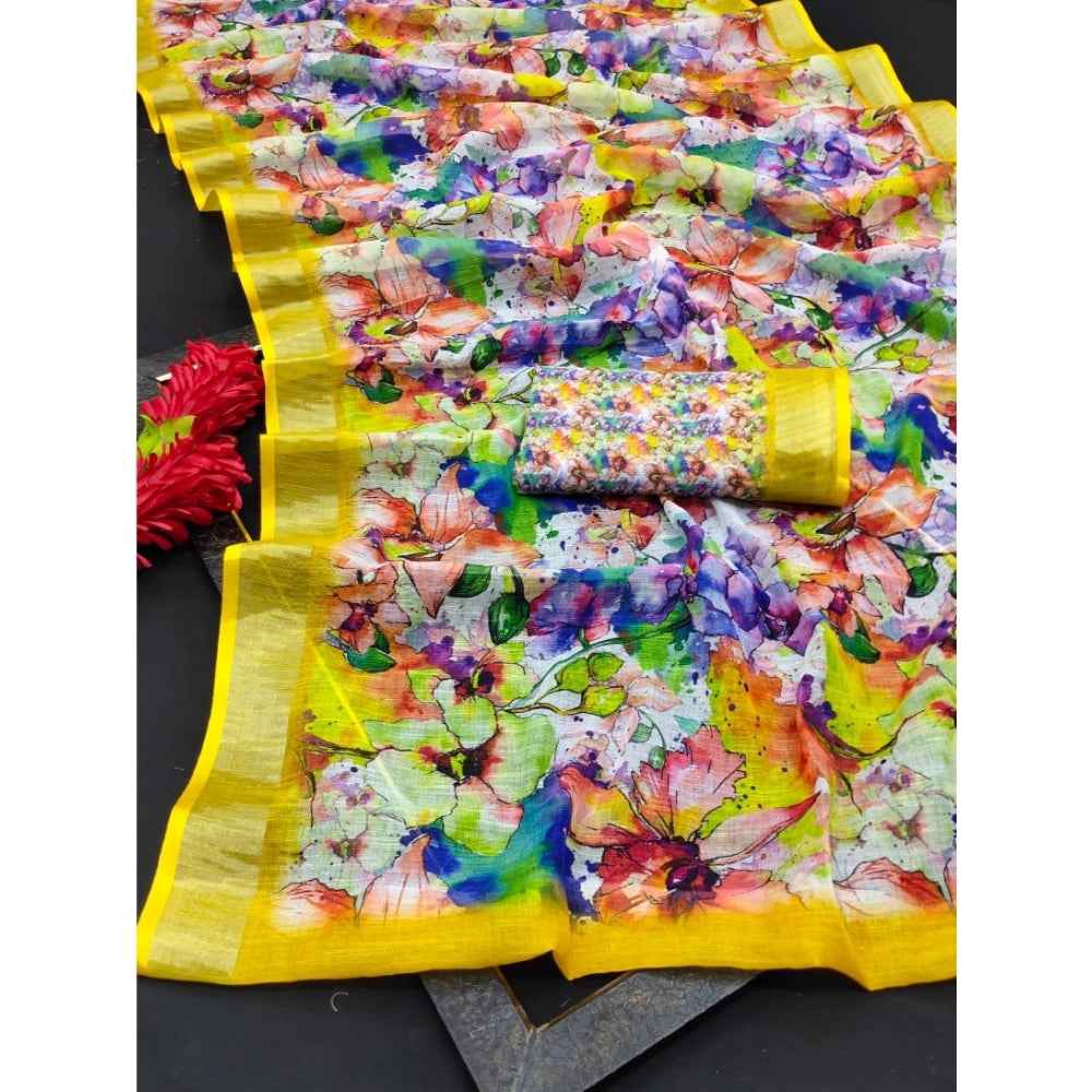 Amfyn Women's Cotton Linen Printed Saree With Unstitched Blouse 5.5Mtr (Yellow)