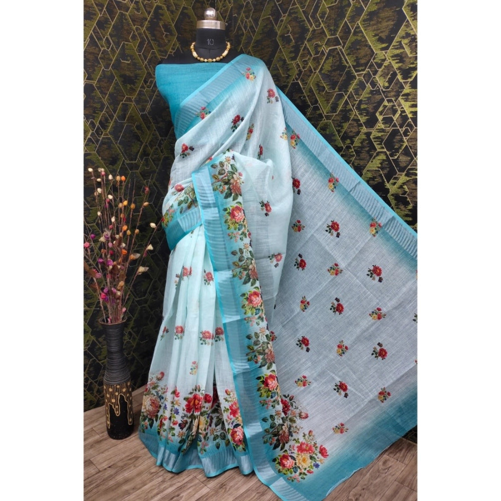 Amfyn Women's Cotton Linen Woven Design Saree With Unstitched Blouse 5.5Mtr (Sky)