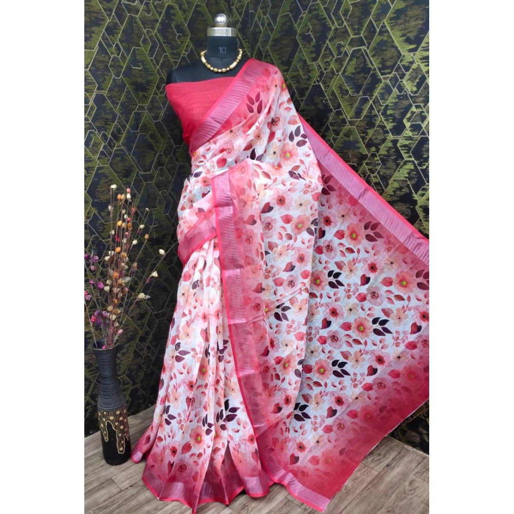 Amfyn Women's Cotton Linen Woven Design Saree With Unstitched Blouse 5.5Mtr (Red)