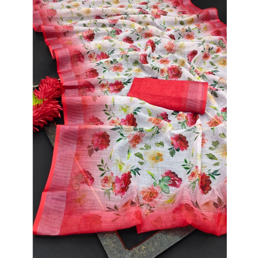 Amfyn Women's Cotton Linen Woven Design Saree With Unstitched Blouse 5.5Mtr (Red)