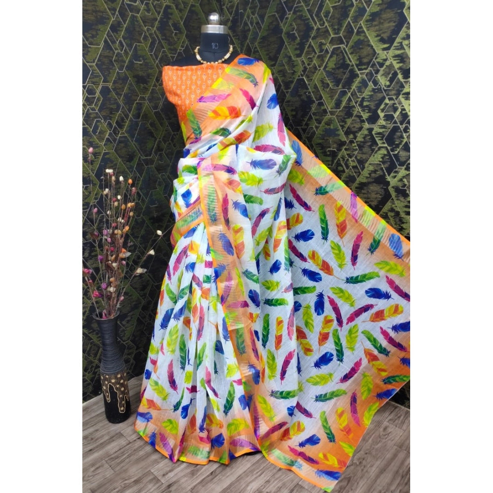 Amfyn Women's Cotton Linen Woven Design Saree With Unstitched Blouse 5.5Mtr (Orange)