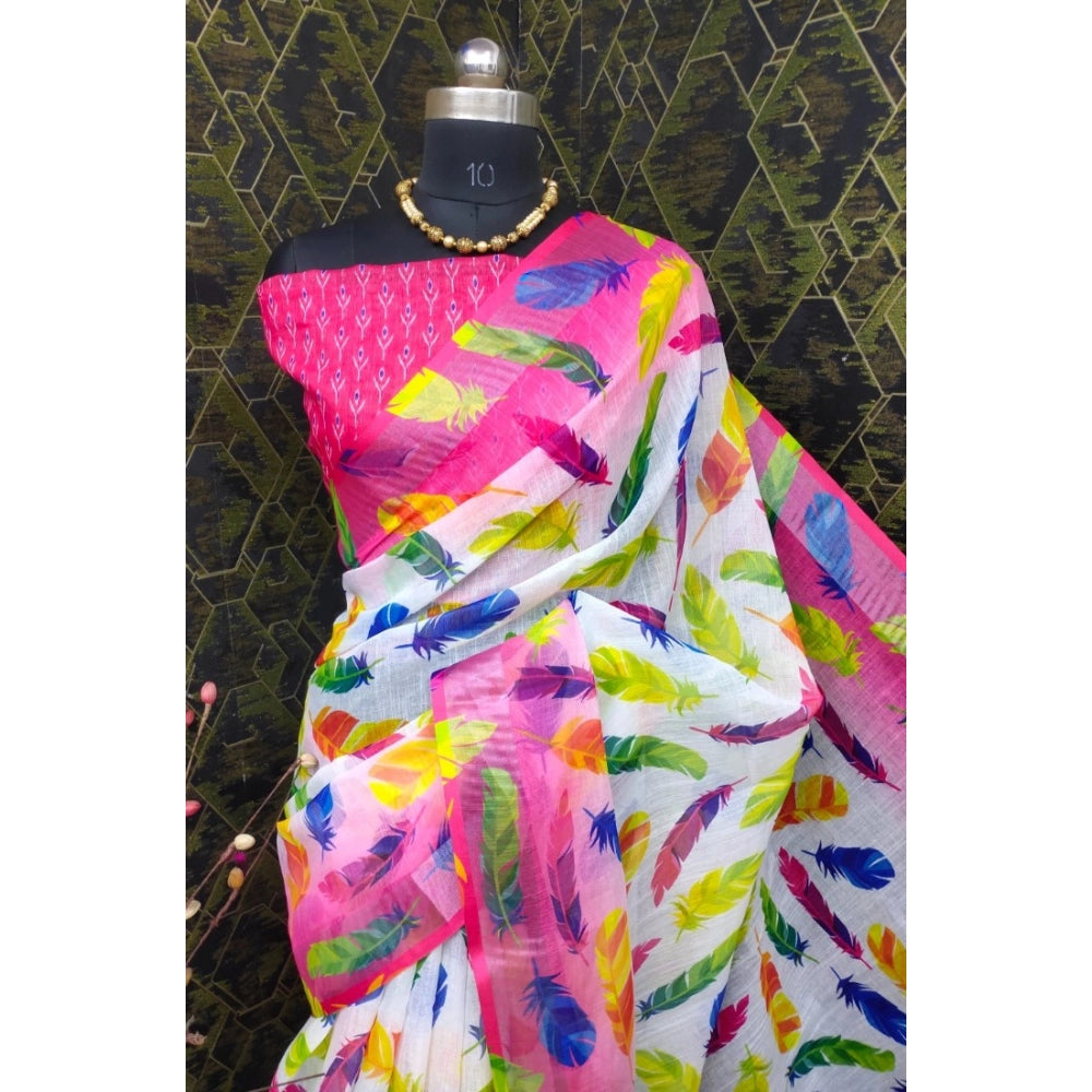 Amfyn Women's Cotton Linen Woven Design Saree With Unstitched Blouse 5.5Mtr (Pink)