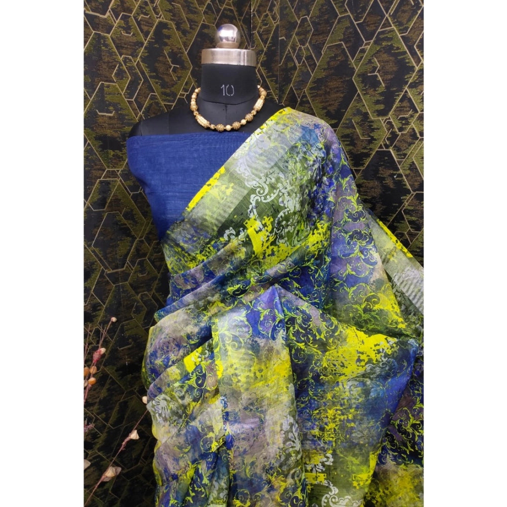 Amfyn Women's Cotton Linen Woven Design Saree With Unstitched Blouse 5.5Mtr (Blue)