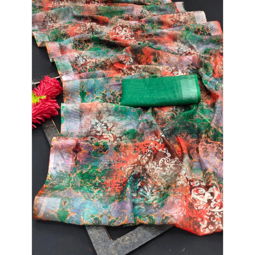 Amfyn Women's Cotton Linen Woven Design Saree With Unstitched Blouse 5.5Mtr (Green)