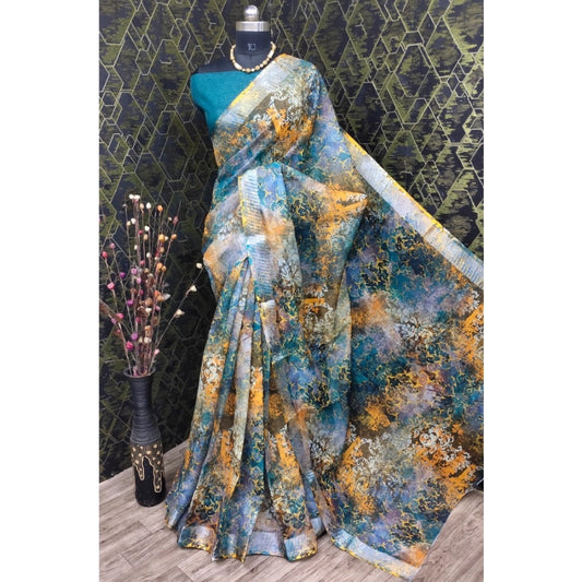 Amfyn Women's Cotton Linen Woven Design Saree With Unstitched Blouse 5.5Mtr (Multicolor)