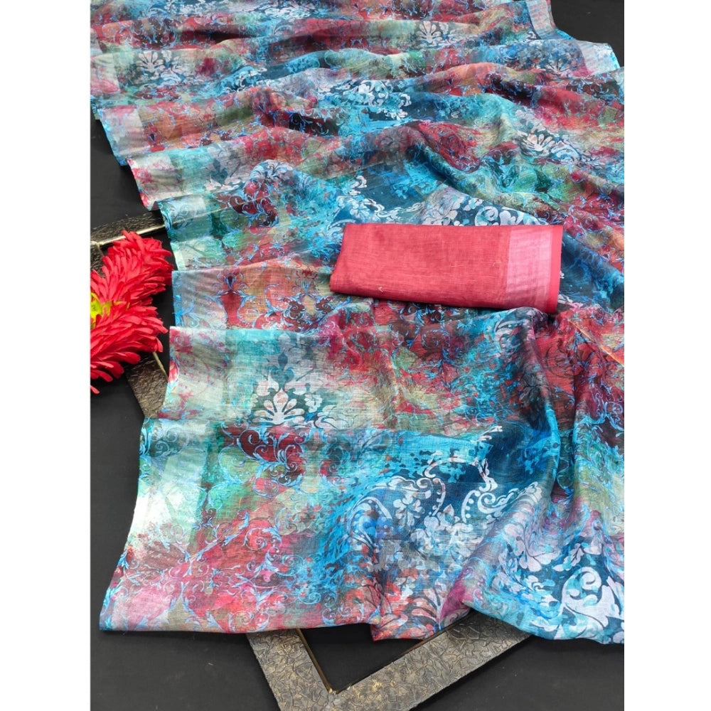 Amfyn Women's Cotton Linen Woven Design Saree With Unstitched Blouse 5.5Mtr (Blue)