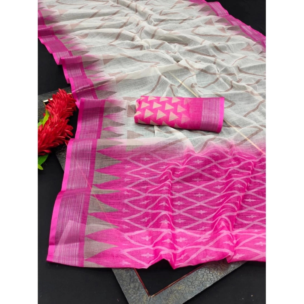 Amfyn Women's Cotton Linen Woven Design Saree With Unstitched Blouse 5.5Mtr (Pink)